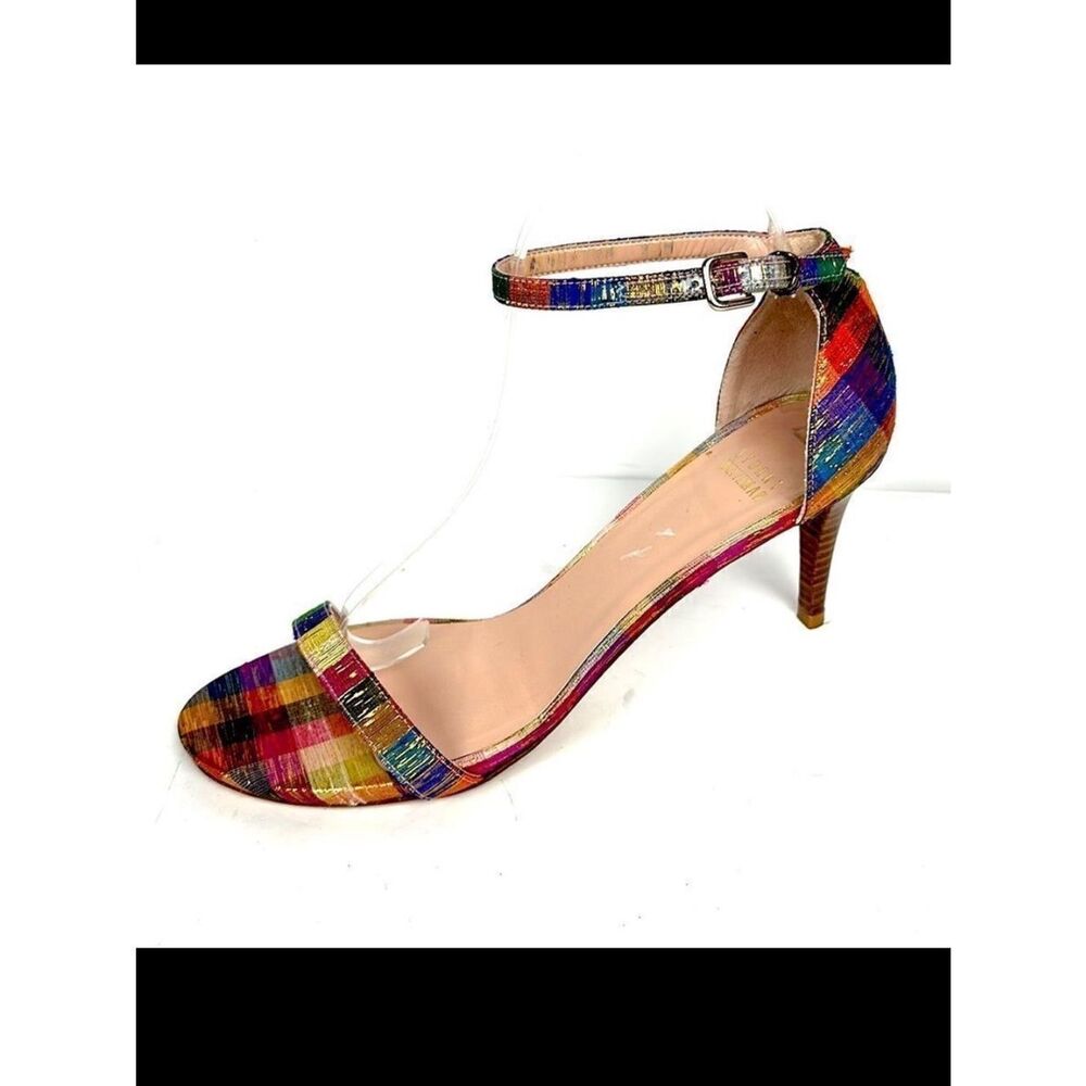 STUART WEITZMAN Metallic Rainbow Plaid Leather Ankle Strap Nunaked Sandals 9,5